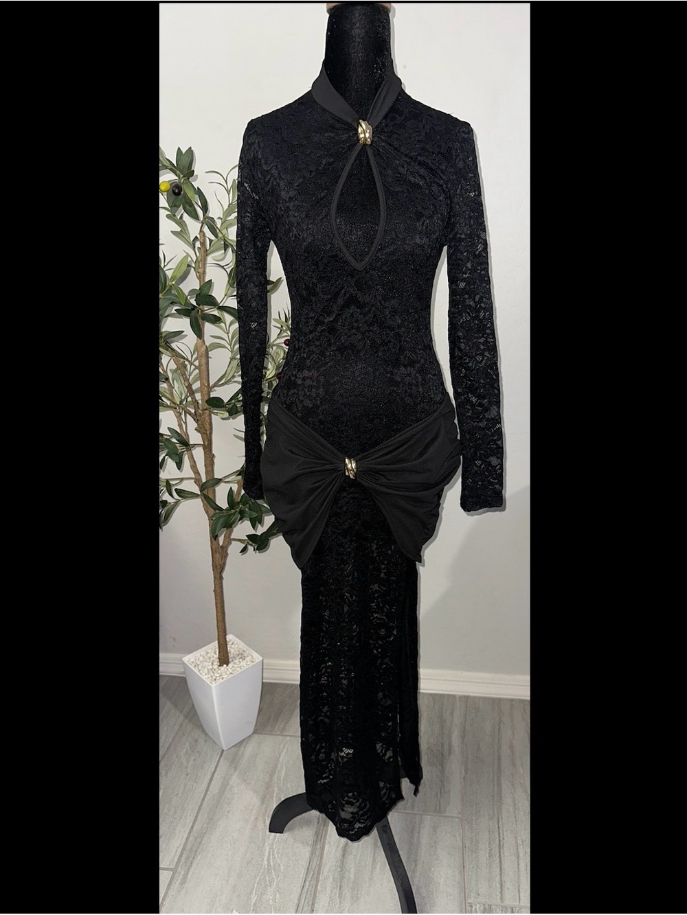 Amazon Black Lace Long-Sleeve Dress with Gold Hardware